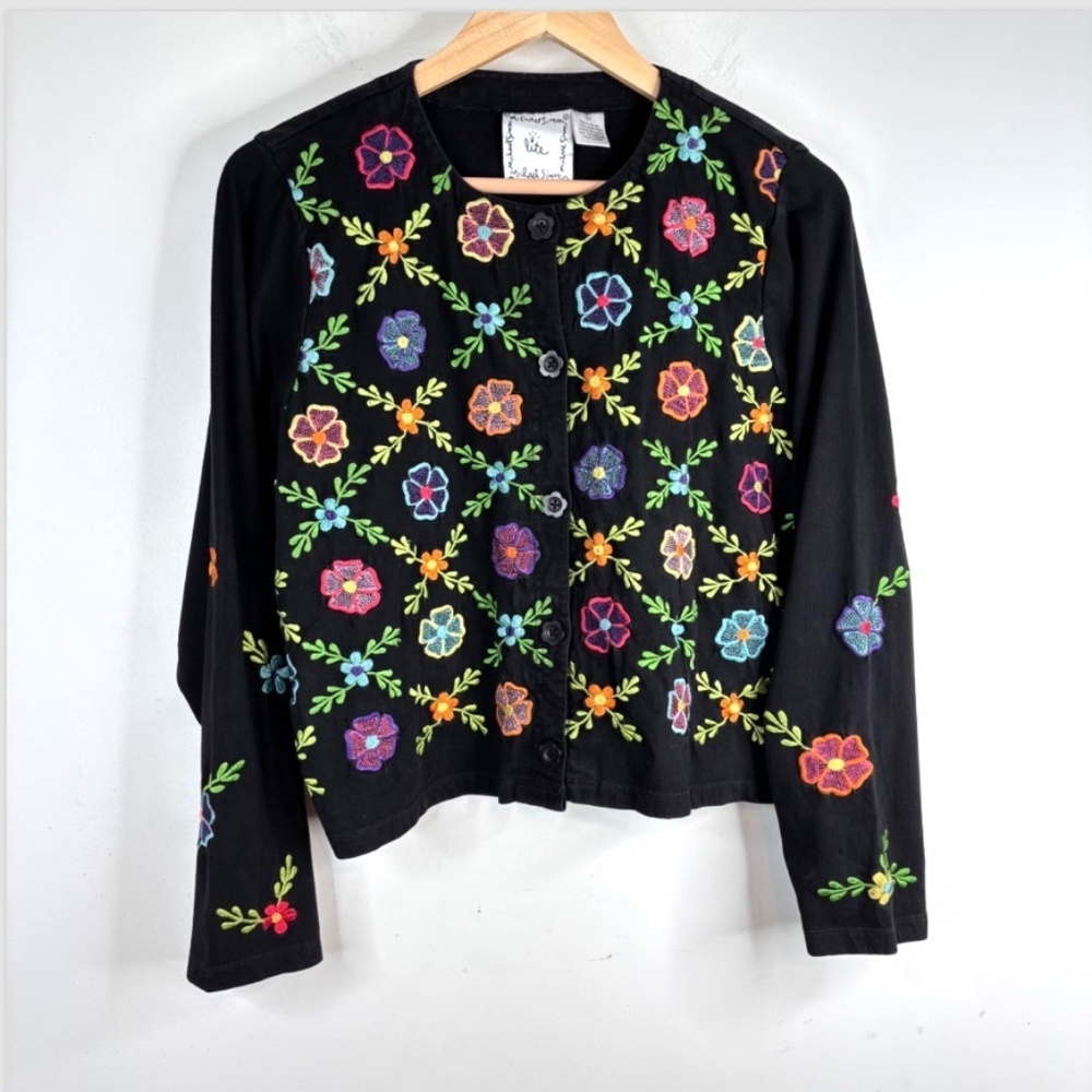 VTG Michael Simon Embroidered Cardigan L Lightweight Floral Boho Artsy Lagenlook